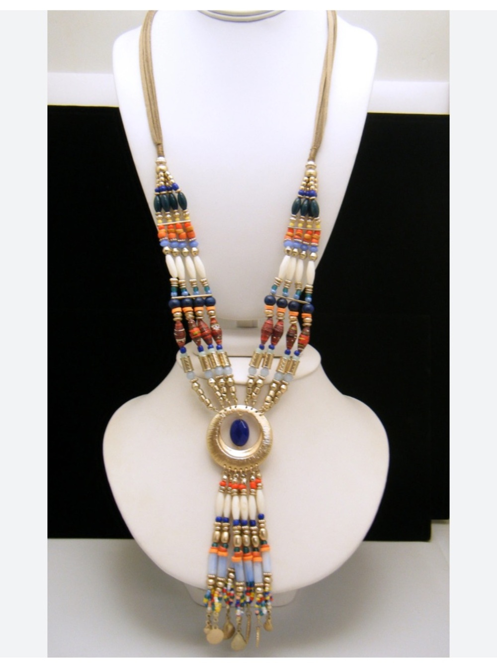 Chico's Leather Multicolor Beaded Pendant Necklace with Gold Accent